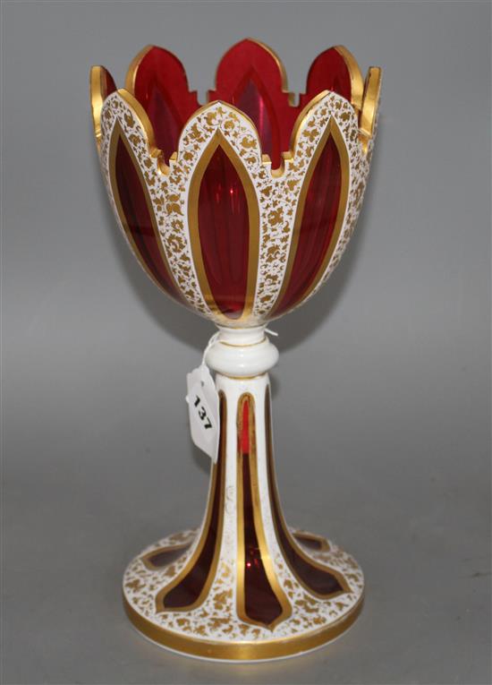 A 19th century Bohemian overlaid ruby glass goblet vase, height 32cm